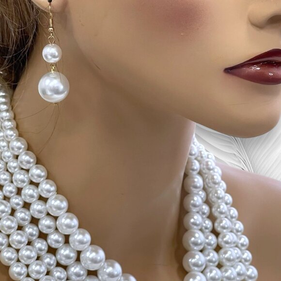 Statement Faux Pearl Multi-Strand Necklace & Earring Set – Elegant Bridal Glam - Picture 3 of 4